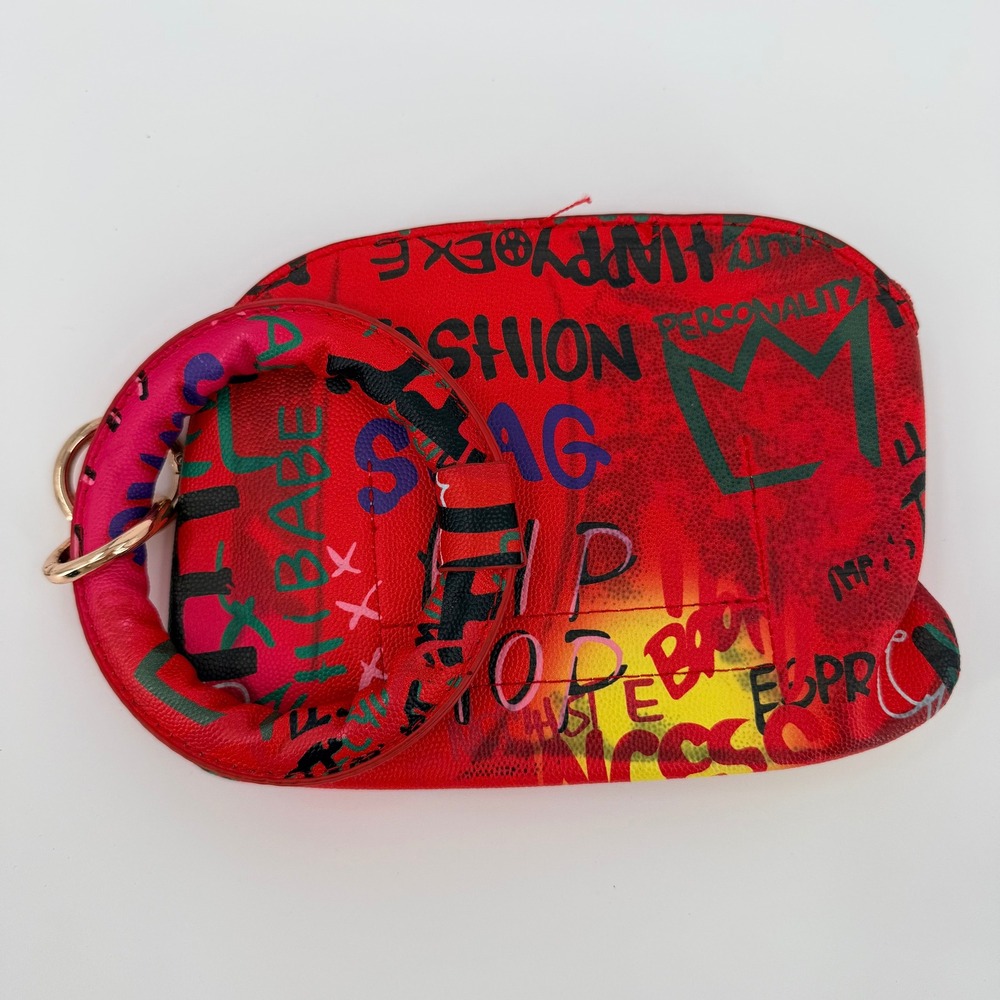 Red Graffiti Print O-Ring Wristlet Pouch Hip Hop Street Art Zip Clutch Bag